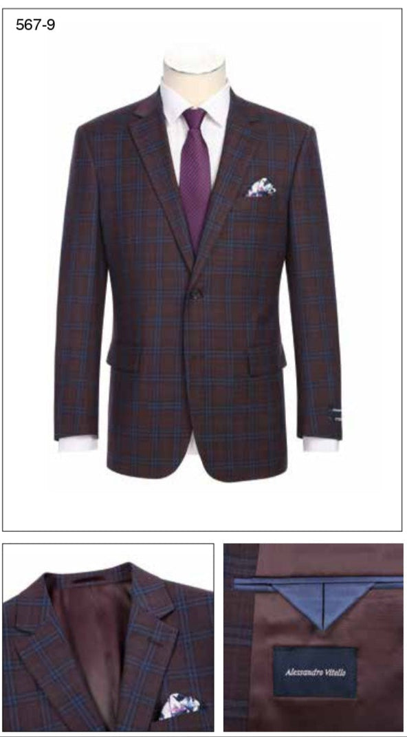 The Renoir Alessandro Vitello Classic Fit Wool Purple Blazer 567-9 is displayed with a purple tie and patterned pocket square on a mannequin. Close-ups show the blazer’s label and pocket details.