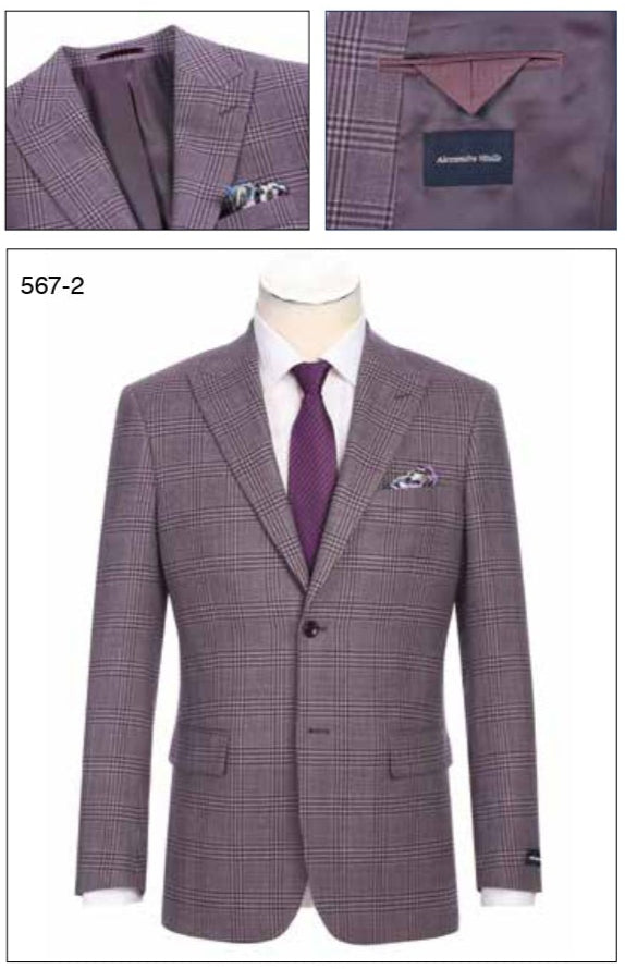 The Alessandro Vitello by Renoir New Slim Fit Wool Purple Blazer 567-2 features a purple plaid design with a notch lapel, shown paired with a white shirt, purple tie, and pocket square; crafted from 100% wool with close-up fabric and label details.
