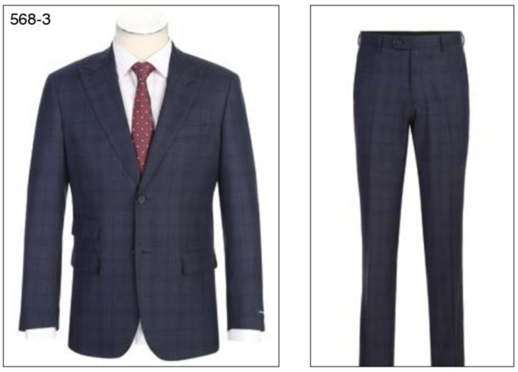 The Alessandro Vitello by Renoir New Slim Fit Wool Navy Suit 568-3, from Renoir, is a navy plaid men’s suit featuring a single-breasted jacket, white dress shirt, red patterned tie, and slim fit trousers displayed together.