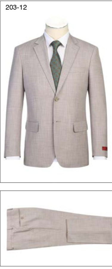 Light gray checkered suit with a green tie on a white background