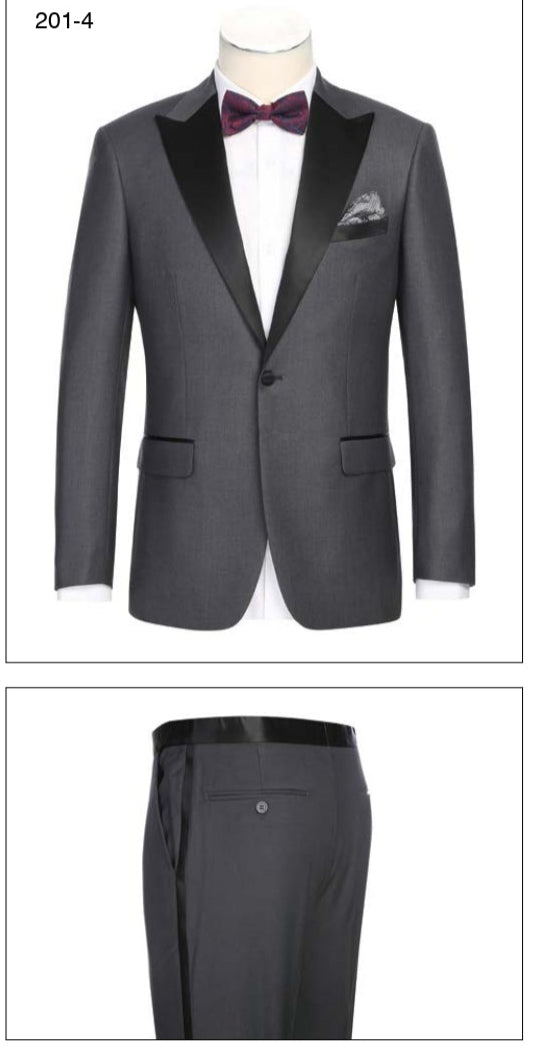 A catalog page featuring Renoir’s Alessandro Vitello New Slim Fit Tuxedo 201-4 in a black jacket with gray pants, a dark gray suit, and a navy suit. Each item features notch lapels, flat front pants, item numbers, and details on material composition.