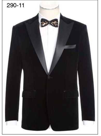 A black velvet tuxedo jacket with a satin peak lapel, displayed on a mannequin.