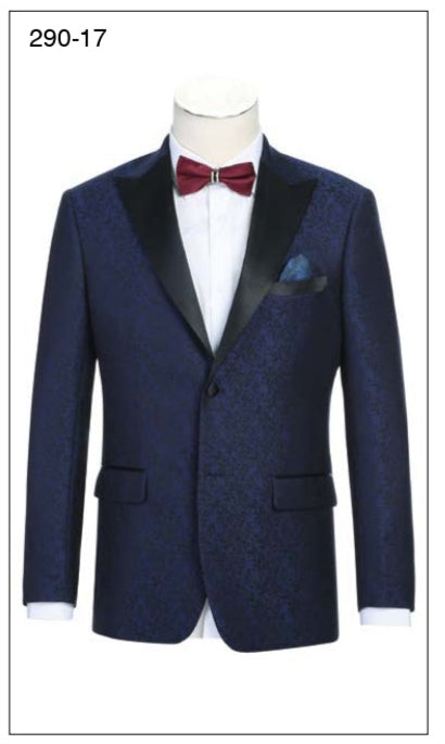 Explore the Alessandro Vitello by Renoir New Slim Fit Tuxedo Jacket 290-17, featuring side vents, rich dark hues, and elegant 3.5" satin peak lapels. Check fabric swatches, polyester details, and pricing options on one sleek catalog page.