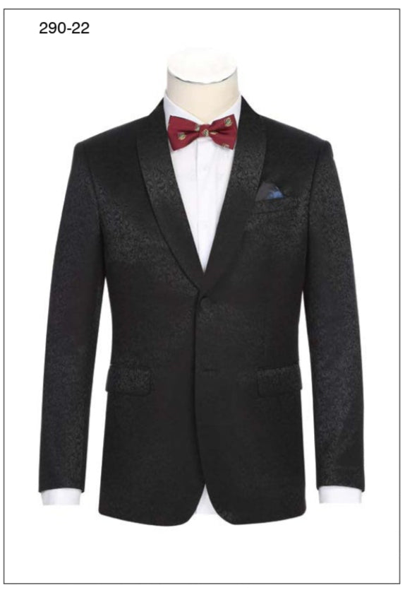 The Alessandro Vitello by Renoir New Slim Fit Tuxedo Jacket 290-22, a black polyester blend with a self-fabric shawl lapel and side vents, is elegantly displayed on a mannequin. Paired with a white shirt and red bow tie, this Renoir ensemble combines style and durability.