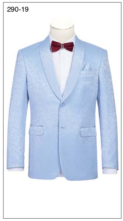 A blue Alessandro Vitello by Renoir tuxedo jacket with a self-fabric shawl lapel displayed on a mannequin.