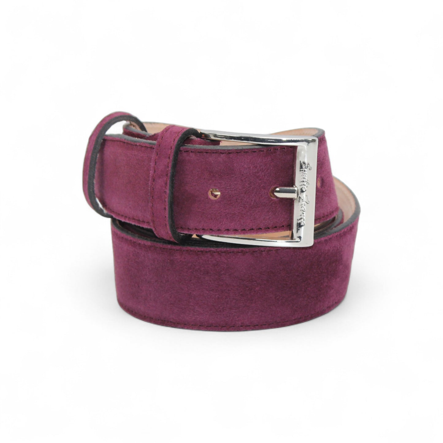 The Matiste Burgundy Suede Belt 202 by Matiste is shown rolled up with a silver buckle against a plain white background.