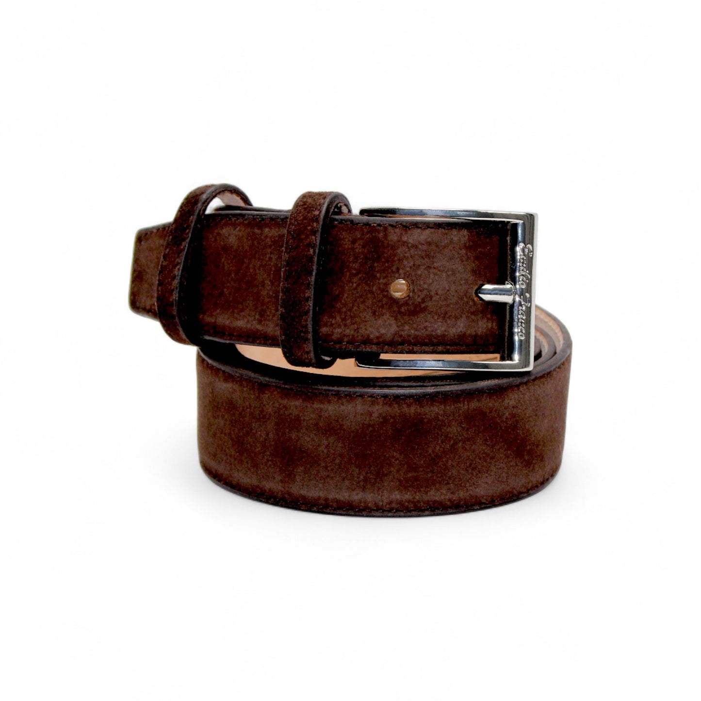 The Matiste Chocolate Suede Belt 202 by Matiste is a rolled-up brown Italian suede belt with a silver buckle, handcrafted in Italy and shown on a plain white background.