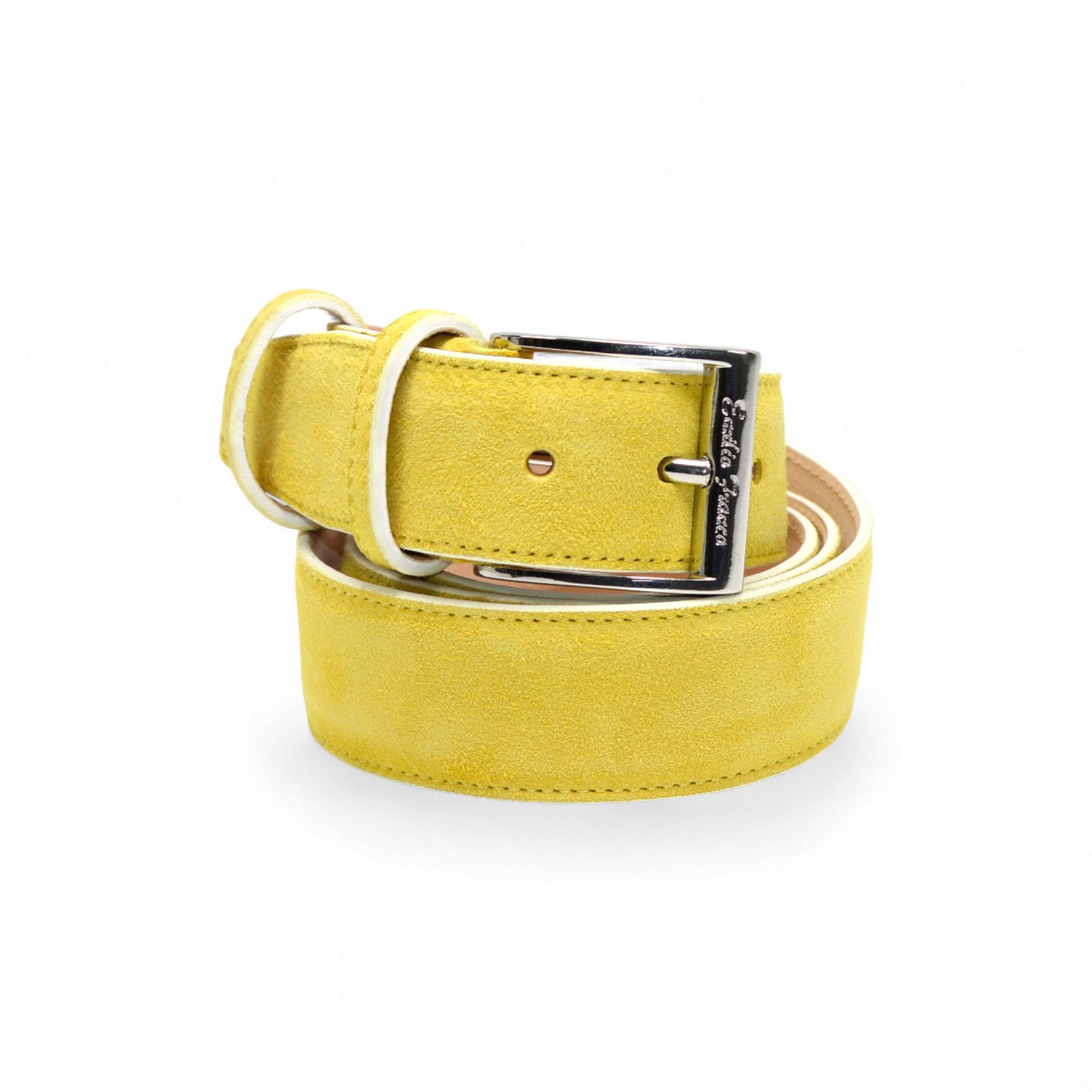 The Matiste Yellow Suede Belt 202 by Matiste is a handcrafted Italian belt in yellow suede with a silver rectangular buckle, shown against a white background.