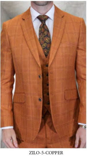 A man wears the STATEMENT CLOTHING | ZILO-5-COPPER brown plaid suit by Statement Clothing; eight tailored checkered suits in assorted colors and patterns are showcased beside him on mannequins or models.