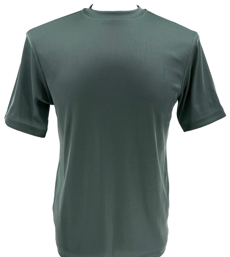 The Bassiri S/S Mock-Neck Blue Green T-Shirt 218, made from soft poly spandex, is featured on a plain white background.