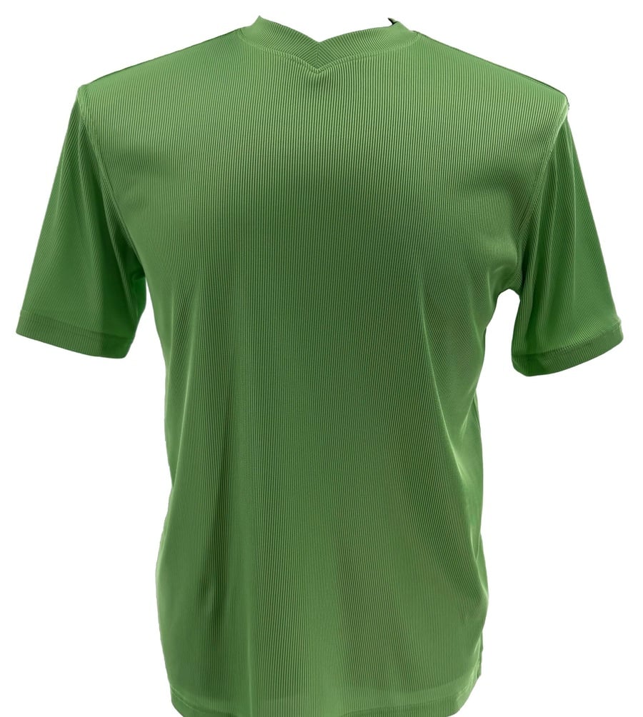 The Bassiri S/S V-Neck Mint T-Shirt 219 is a soft microfiber athletic shirt in mint green, featuring short sleeves, a subtle vertical pattern, and a small notch at the center of the collar.