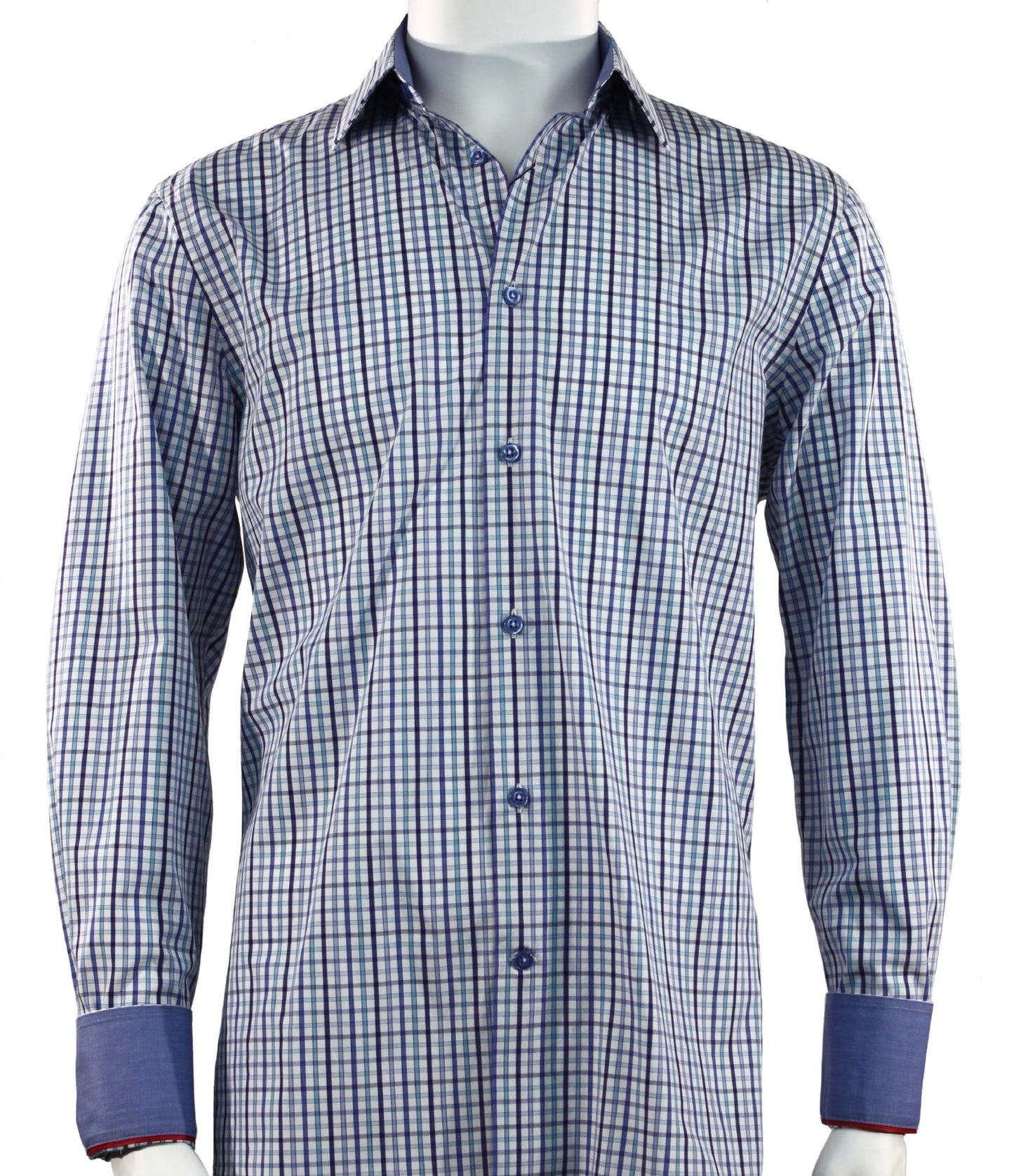 The Cado Long Sleeve Shirt 227 by Cado is displayed on a mannequin, highlighting its contemporary design with a soft cotton fabric. It features a blue and white checkered pattern complemented by dark blue cuffs, offering a classic fit.