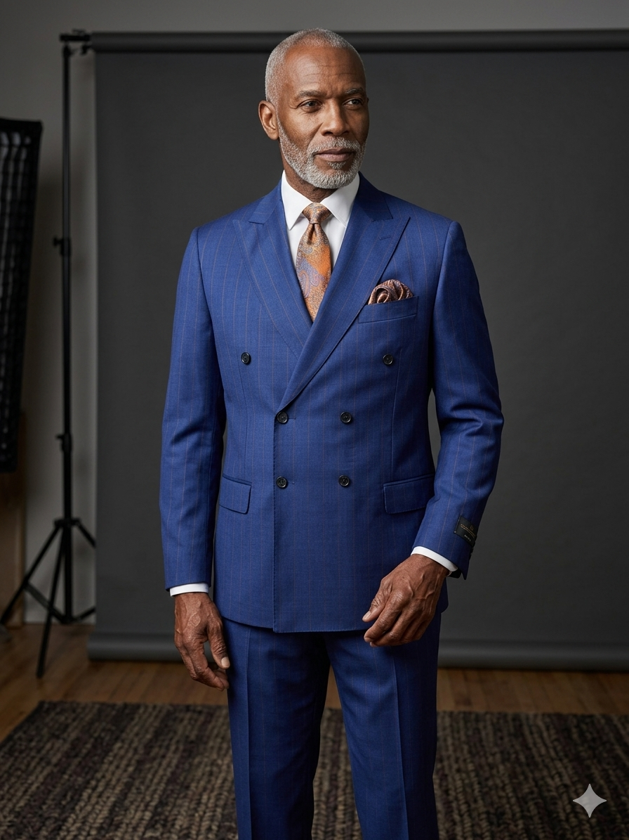 An older man with a gray beard stands in a studio wearing a Tiglio Luxe PISTOIA Modern Fit Double Breasted TL7020 Blue/Rust Pinstripe jacket, styled with a patterned tie and pocket square, as he poses for a formal portrait.