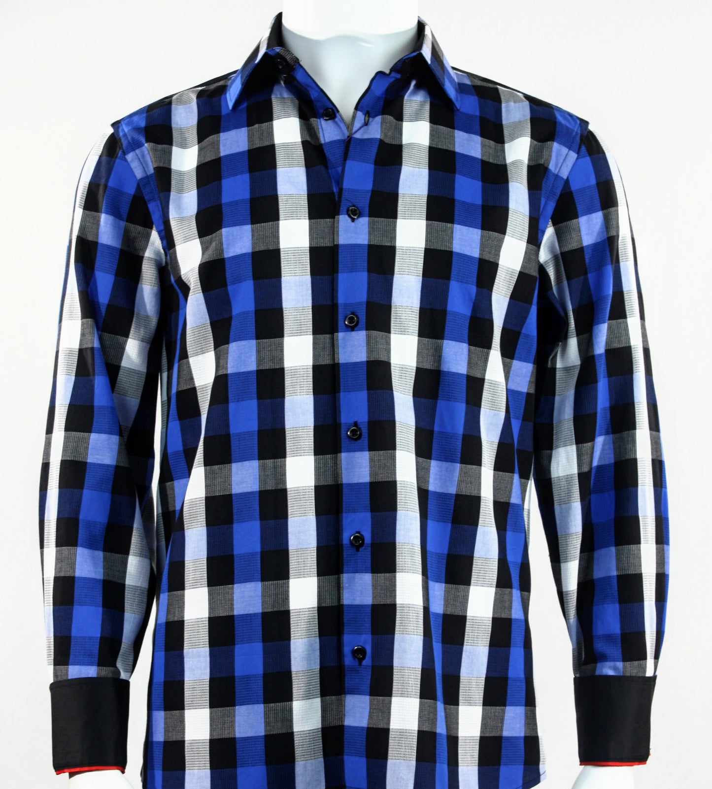 The Cado Long Sleeve Shirt 242, featuring a blue, black, and white checkered pattern in a modern fit, is showcased on a mannequin against a plain background. Crafted from premium cotton, it embodies both comfort and style.