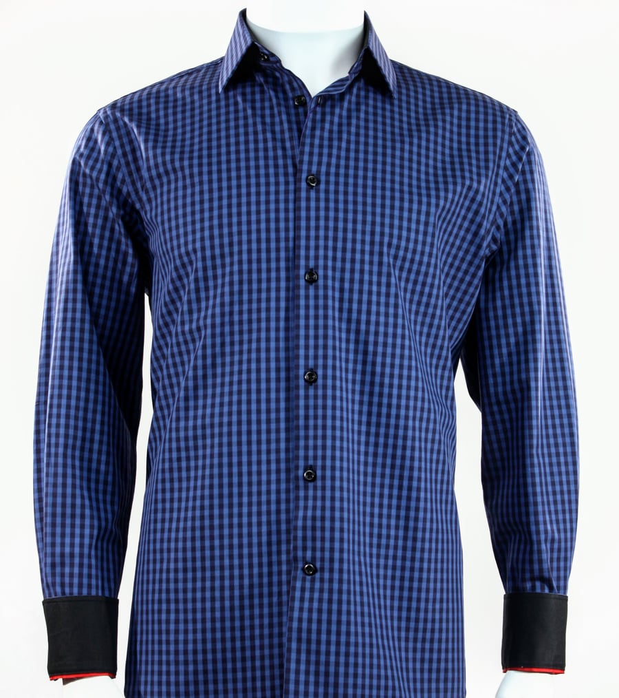 A mannequin showcases the Cado Long Sleeve Shirt 244 by Cado, featuring a modern fit with a blue and black checkered pattern, black cuffs, and button-up design crafted from soft cotton, set against a white background.