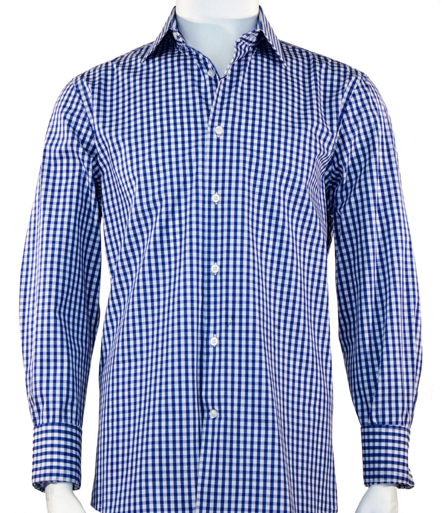 A mannequin showcases the Cado Long Sleeve Shirt 251, featuring a blue and white checkered pattern with a collar, crafted from smooth cotton in a modern fit.
