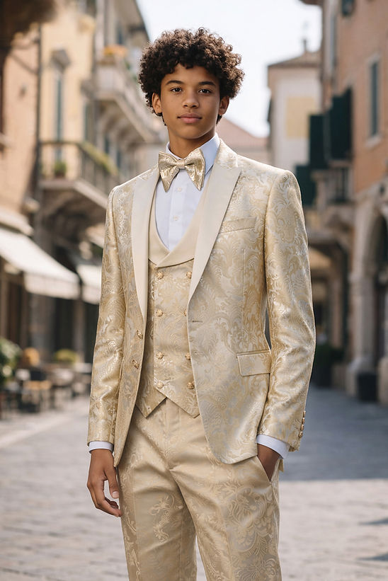 A young man stands on a cobblestone street wearing the Manzini Armani 3-Piece Slim-Fit Men's Satin Paisley Pattern Tuxedo in Champagne.