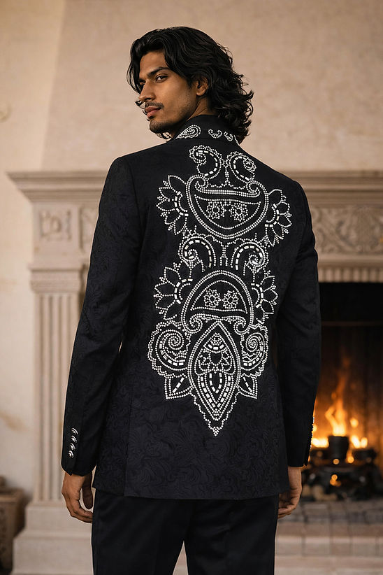 A man with long dark hair, wearing the Manzini MANZINI MZS-607 Men's Double Breast Slim-Fit Coat in black with shiny rhinestone floral pattern, stands indoors in front of a lit fireplace.