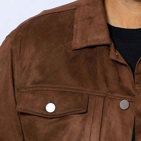 A man wearing the INSOMNIA ROMEO 2PC Brown Vegan Suede Leisure Suit by Insomnia stands against a white wall with decorative molding, looking to the side.