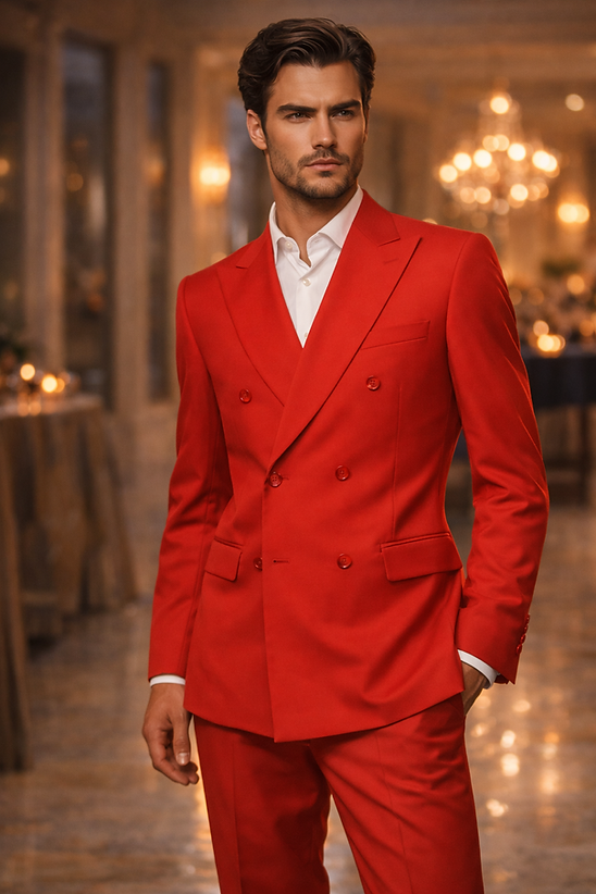 A man wears the Manzini IMPRESS Men's 2PC Spandex Double-Breast Slim-Fit Suit in red with a white shirt, standing indoors in an elegant, well-lit room featuring chandeliers and reflective floors.