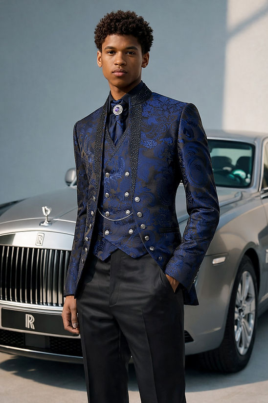 A young man in a Manzini MANZINI LANZINI 3-Piece Slim-Fit Baroque Gothic Tuxedo Prom Wedding Suit with rhinestones in navy stands before a silver Rolls-Royce, his hands in his pockets.
