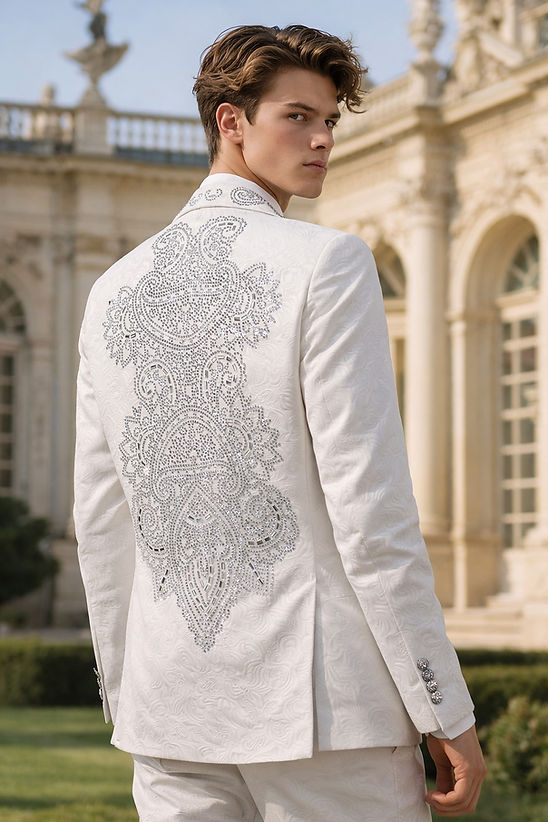 A man wearing the MANZINI MZS-607 Double Breast Slim-Fit Coat with a shiny rhinestone floral pattern stands outdoors with a woman in a white dress, in front of an ornate building.