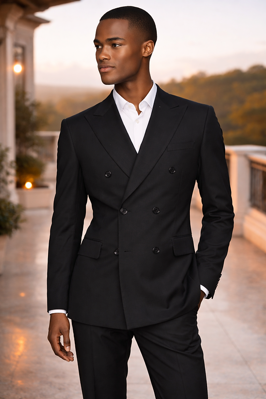 A man stands outdoors wearing a Manzini IMPRESS Men's 2PC Spandex Double Breast Slim-Fit Suit in black with a white dress shirt, looking to the side with one hand in his pocket.