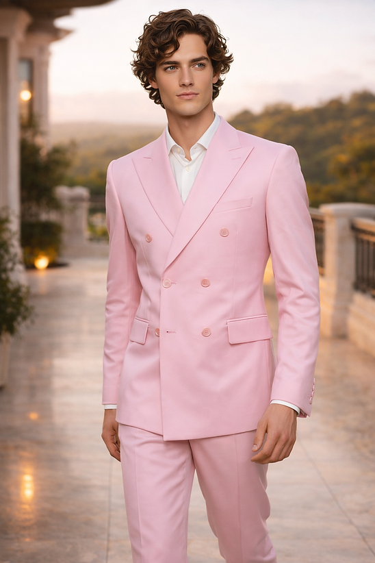 A person with wavy hair wears the MANZINI IMPRESS Men's 2PC Spandex Double Breast Slim-Fit Suit in pink by Manzini and a white shirt, standing outdoors on a tiled terrace with greenery and hills behind.