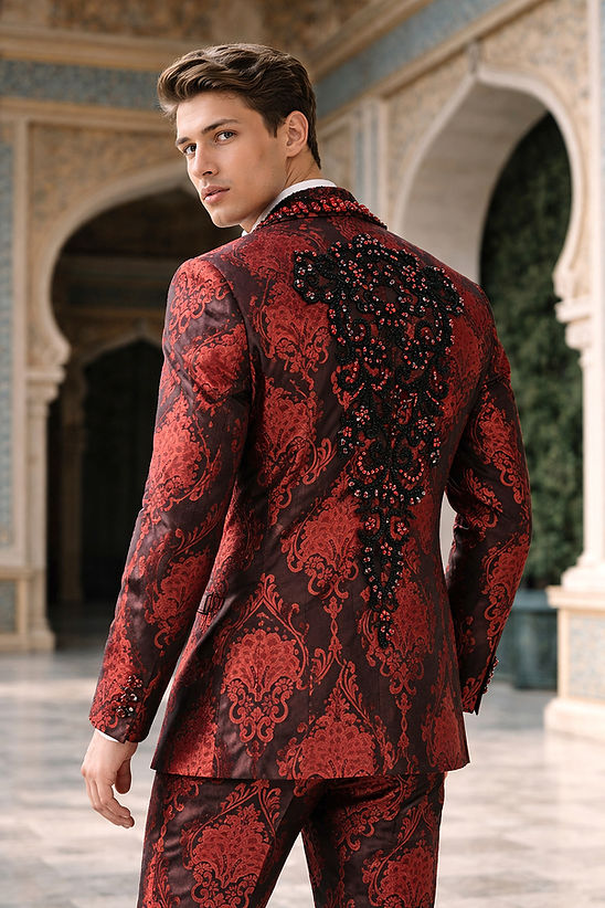 A man wears the MANZINI ASPEN 3-Piece Slim-Fit Men's Fancy Rhinestone Woven Pattern Tuxedo in Black/Red by Manzini, posing outdoors before ornate arches.