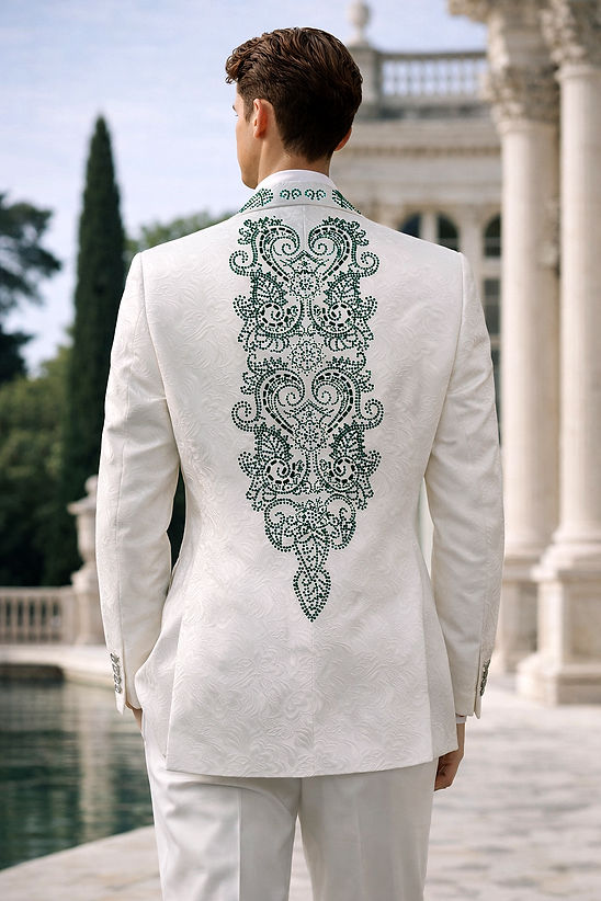 A man in a Manzini MANZINI MZS-606 Men's Double Breast Slim-Fit Coat, featuring a shiny rhinestone floral pattern in white and green, stands outside near a classical building and pool.