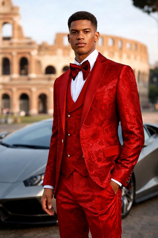 A man in a Manzini Armani 3-Piece Slim-Fit Men's Satin Paisley Pattern Tuxedo Prom Red stands in front of a silver sports car and the Colosseum in Rome.