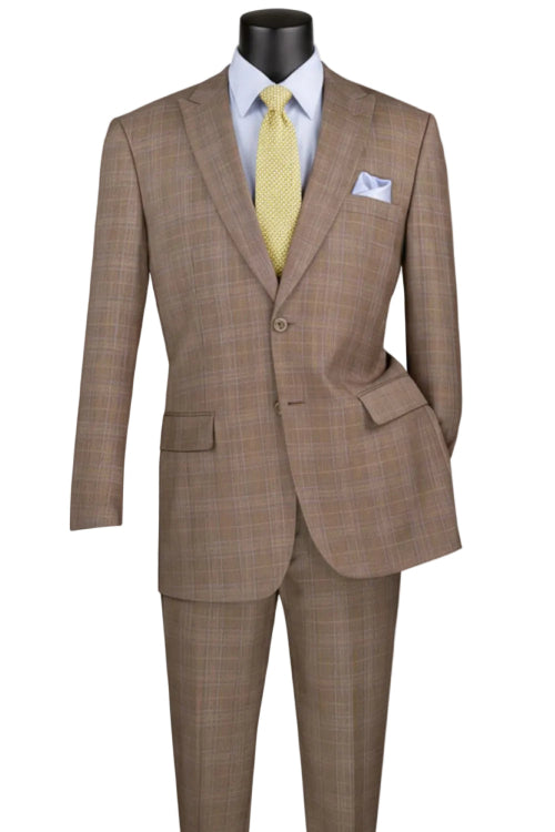 Vinci Suits Glen Plaid Dress Suit 2 Piece Regular Fit Tan 2RW-1, featuring a tan glen plaid regular fit suit, light blue dress shirt, yellow tie, and light blue pocket square.