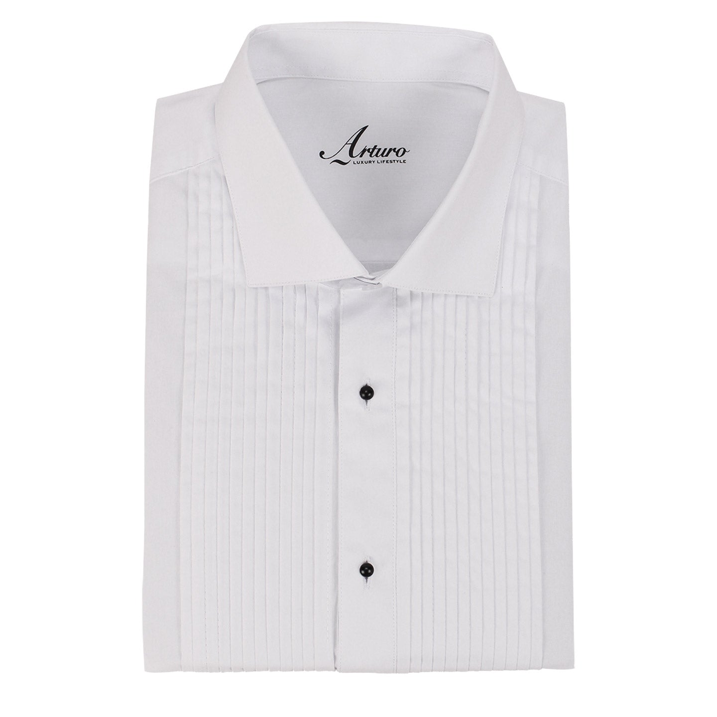 The ARTURO Slim Fit White Dress Shirt by Arturo features black buttons, front pleated detailing, and a label inside the collar.