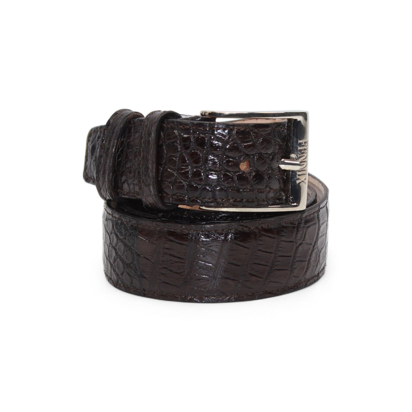 The Matiste Chocolate Alligator Leather Belt 301 by Matiste features Italian dark brown alligator leather with a crocodile pattern and a silver buckle, shown coiled in a loop on a plain white background.