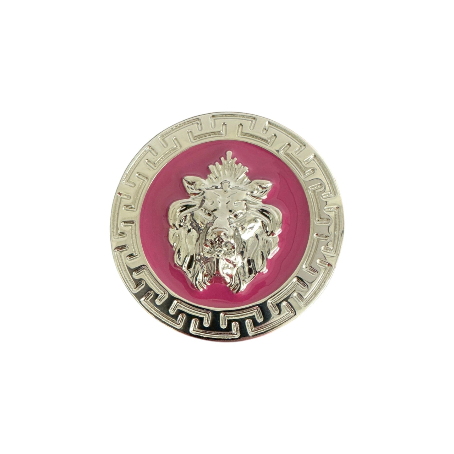 The Matiste Fuxia/Silver Belt Buckle 35mm B35 showcases a silver lion head at the center, inspired by Italian artistry, set on a pink ground with a silver Greek key border.