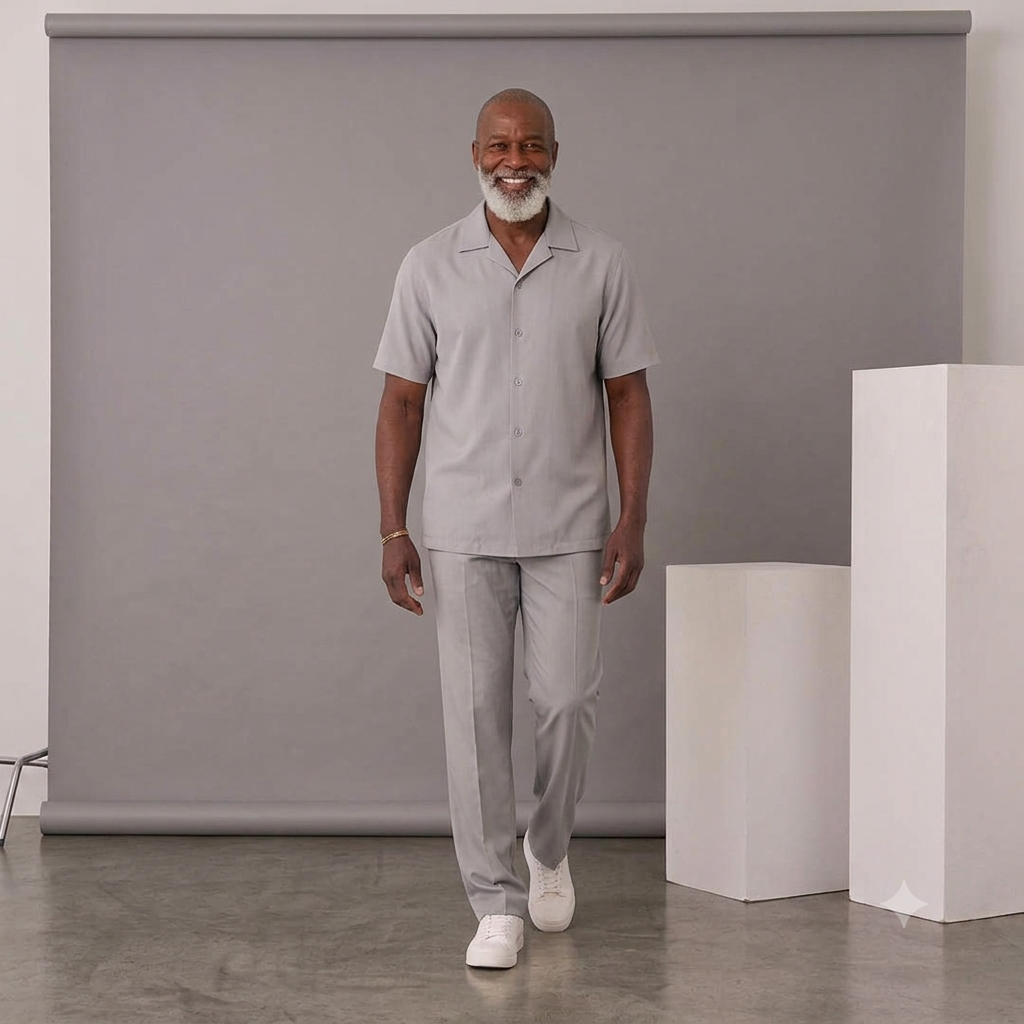 A man with a gray beard wears the Inserch 2pc Set (Shirt and Pants) SE9356 Grey by Inserch, made from soft poly-crepe fabric, walking toward the camera in a studio with a gray backdrop and white geometric props.
