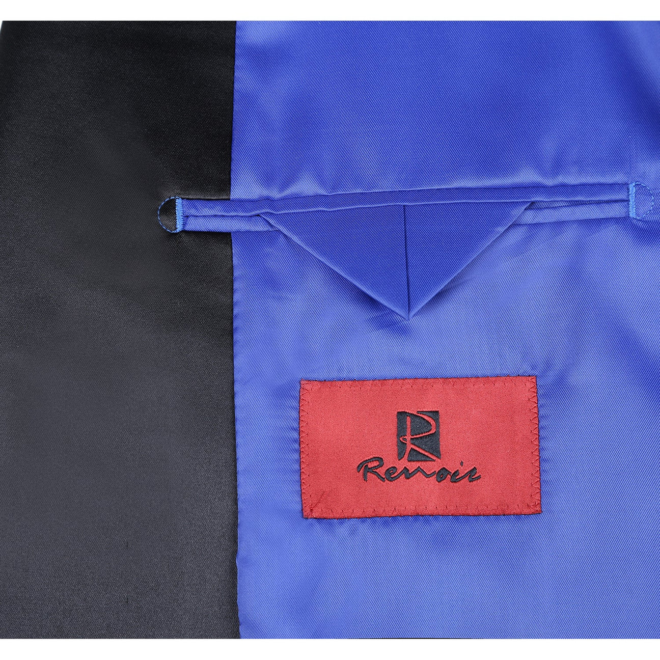 Close-up of the Alessandro Vitello by Renoir Slim Fit Stretch Blue Tuxedo Blazer 290-7, featuring blue velvet, a black satin lapel, blue satin lining, and red label—ideal as an elegant dinner jacket or for formal occasions.