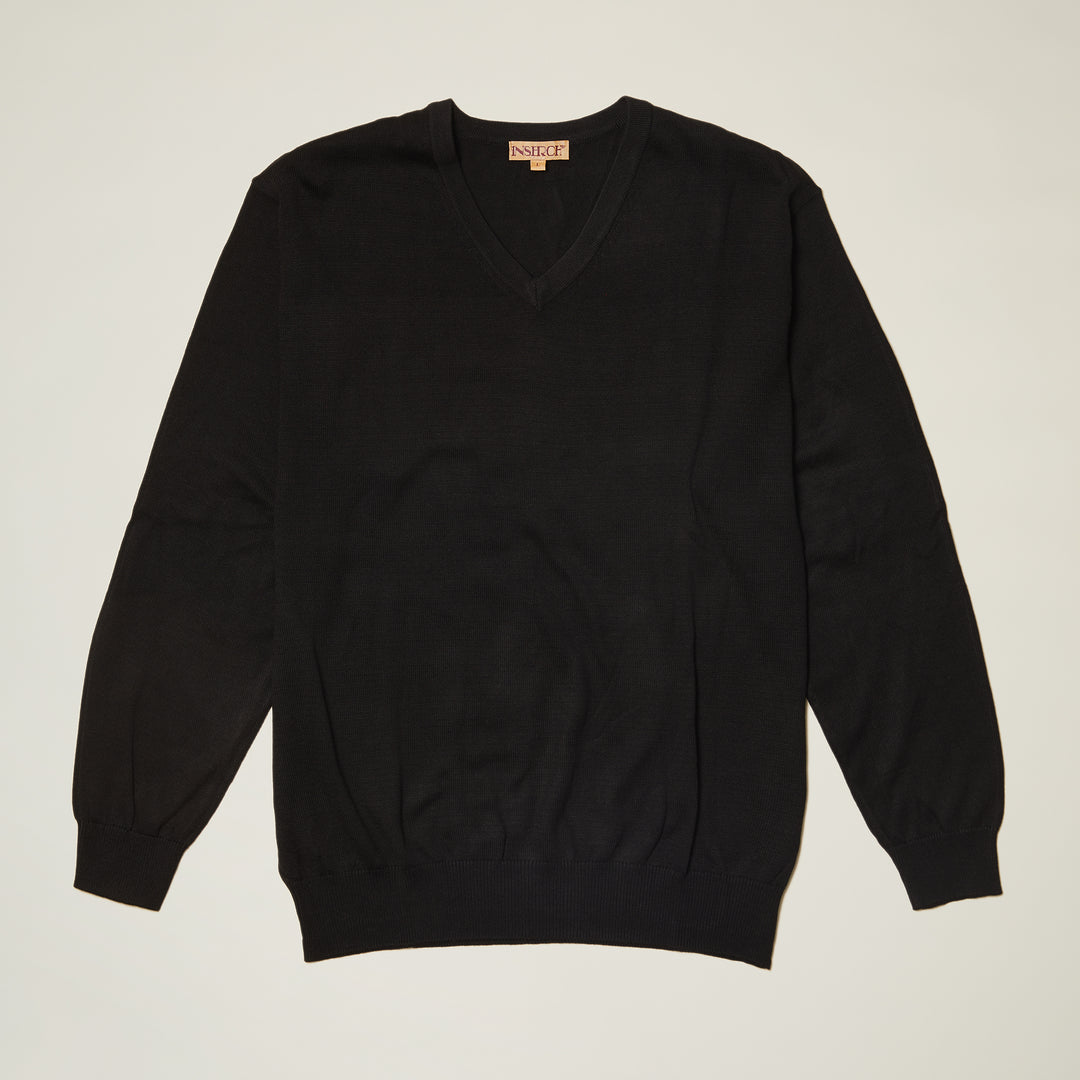 The Inserch Cotton Blend V-Neck Sweater 4608-00001 Black is laid flat on a plain light background, showcasing its long sleeves and anti-pilling cotton-acrylic fabric.