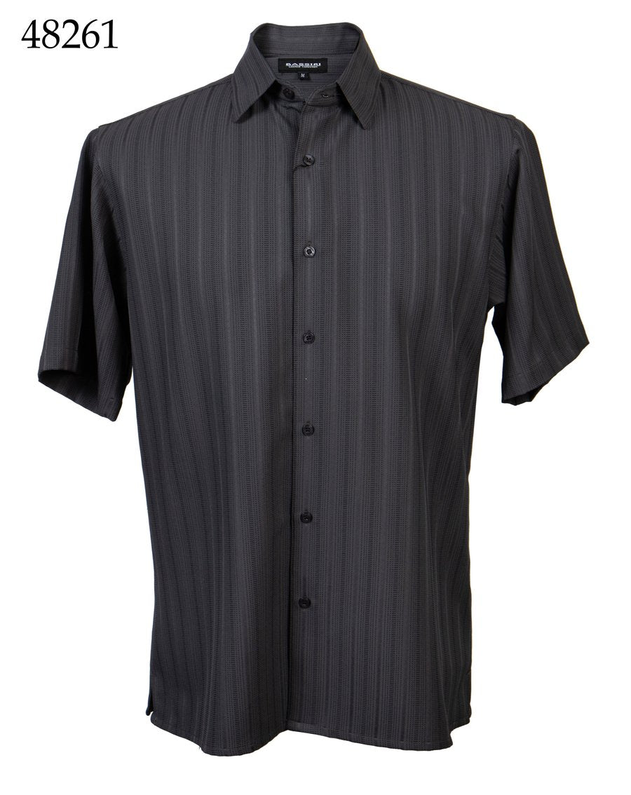 The Bassiri Short Sleeve Shirt 48261 by Bassiri features a regular fit with short sleeves, a button-up front, and subtle tone-on-tone vertical stripes in black. The shirt is displayed on a white background with the number 48261 shown in the top left corner.