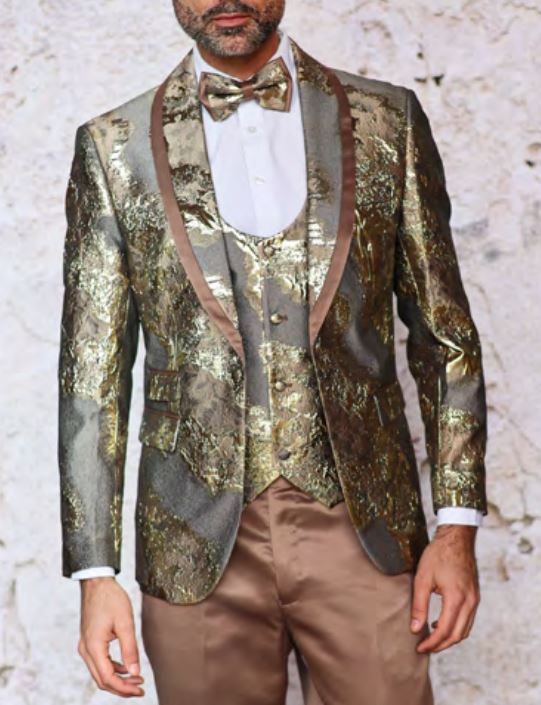 A person wearing the INSOMNIA DELMAS TAUPE Suit by Insomnia, featuring a gold and brown metallic tuxedo with a matching bow tie and vest.