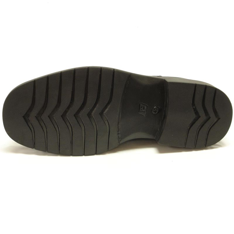 A pair of Pinoso's P-5061 Belka Black Slip-On Loafers, made in Spain, with rounded toes and thick rubber soles, are displayed side by side on a white background.