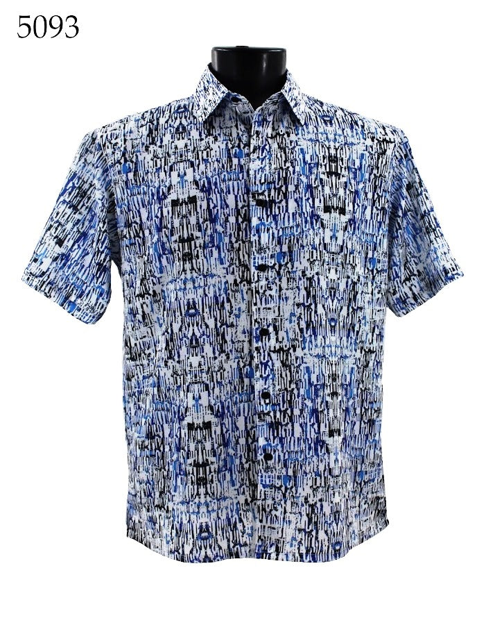 The Bassiri Short Sleeve Shirt 5093 by Bassiri, with a regular fit and a blue and black abstract pattern on a white background, is elegantly showcased on a black mannequin torso.