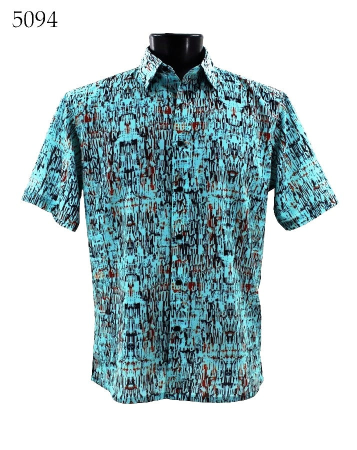 The Bassiri Short Sleeve Shirt 5094 by Bassiri, featuring a blue, black, and red abstract pattern in a regular fit with short sleeves, is displayed on a mannequin.