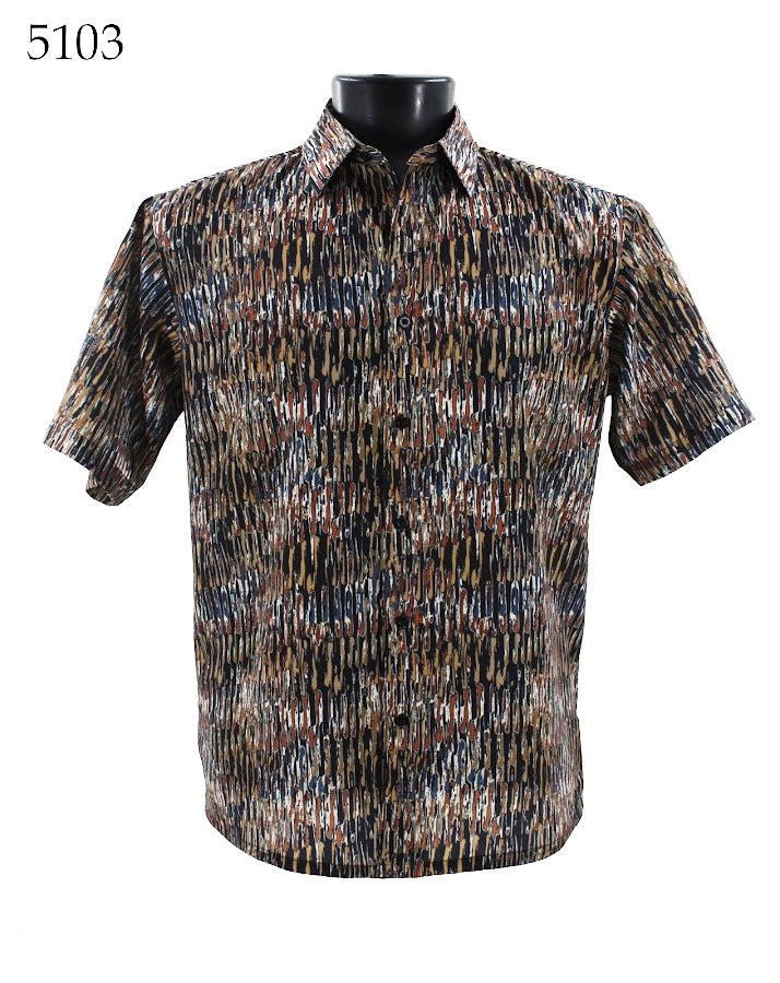 The Bassiri Short Sleeve Shirt 5103, by Bassiri, features a regular fit and short sleeves adorned with a vibrant multicolored abstract pattern, elegantly showcased on a sleek black mannequin.