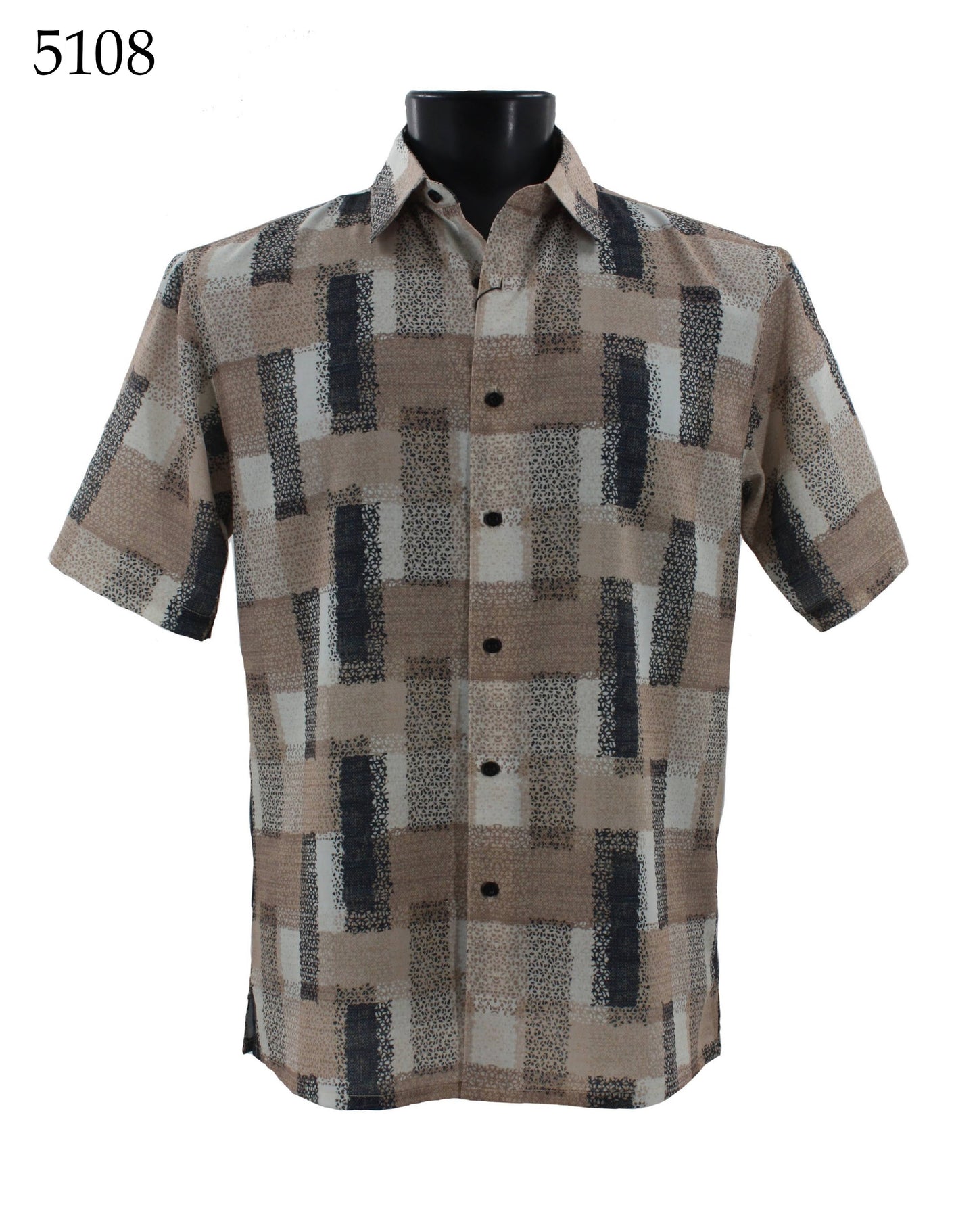 The Bassiri Short Sleeve Shirt 5108 by Bassiri features a regular fit and a geometric brown, beige, and black rectangular pattern. It's shown on a mannequin with "5108" displayed in the top left corner.
