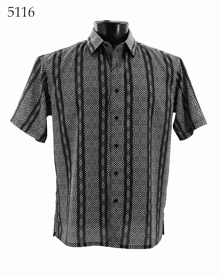 The Bassiri Short Sleeve Shirt 5116 features a black and white pattern with a button closure and collar, showcasing the "5116" label in the top left corner. It's designed in a regular fit for comfortable style.