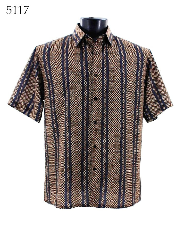 The Bassiri Short Sleeve Shirt 5117 from the brand Bassiri is displayed elegantly on a mannequin, featuring a chic brown and black striped pattern and regular fit with short sleeves.