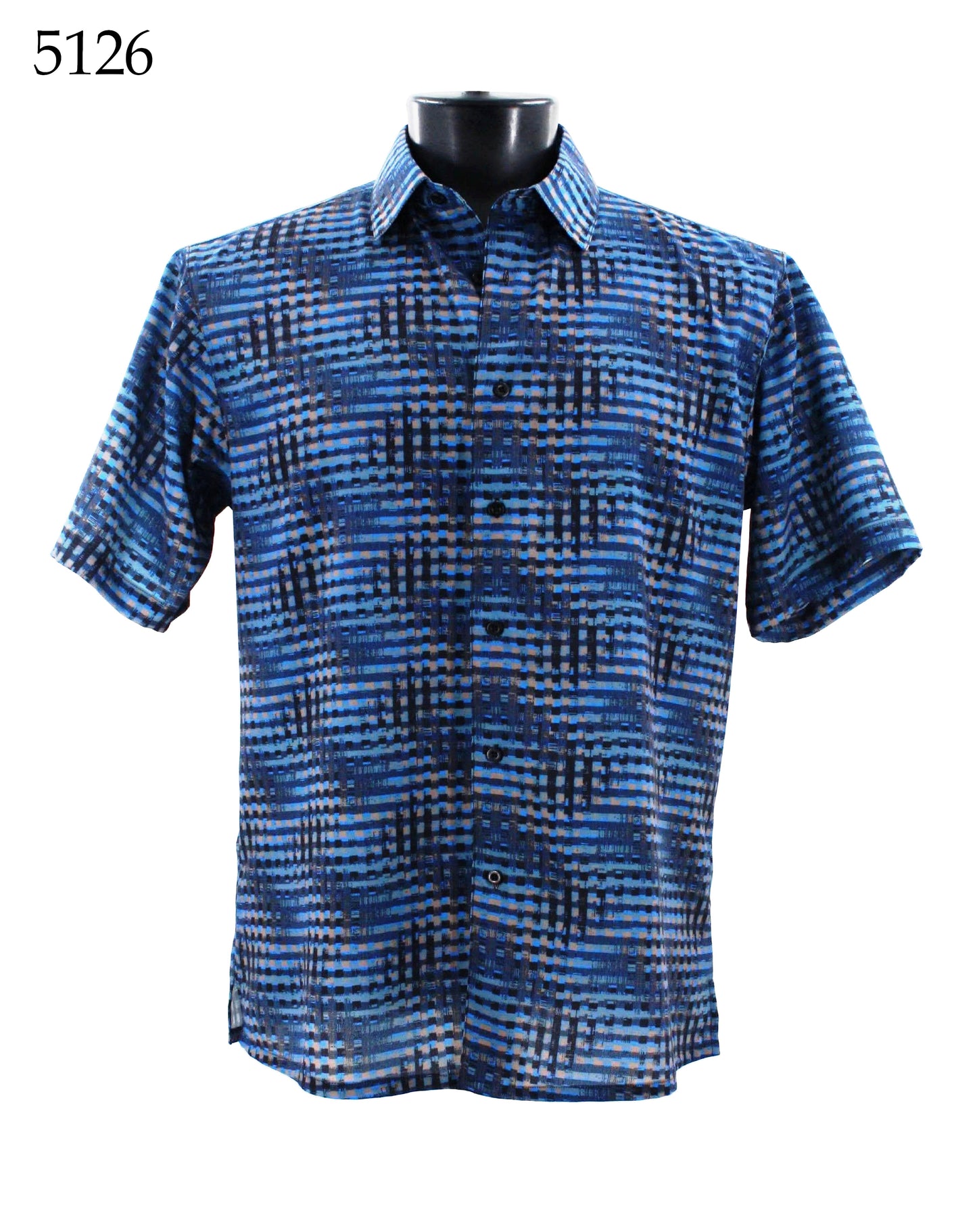 The Bassiri Short Sleeve Shirt 5126 by Bassiri showcases a stylish blue and black checkered pattern on a white background, making it an excellent addition to any men's clothing collection. Its regular fit offers both comfort and style.