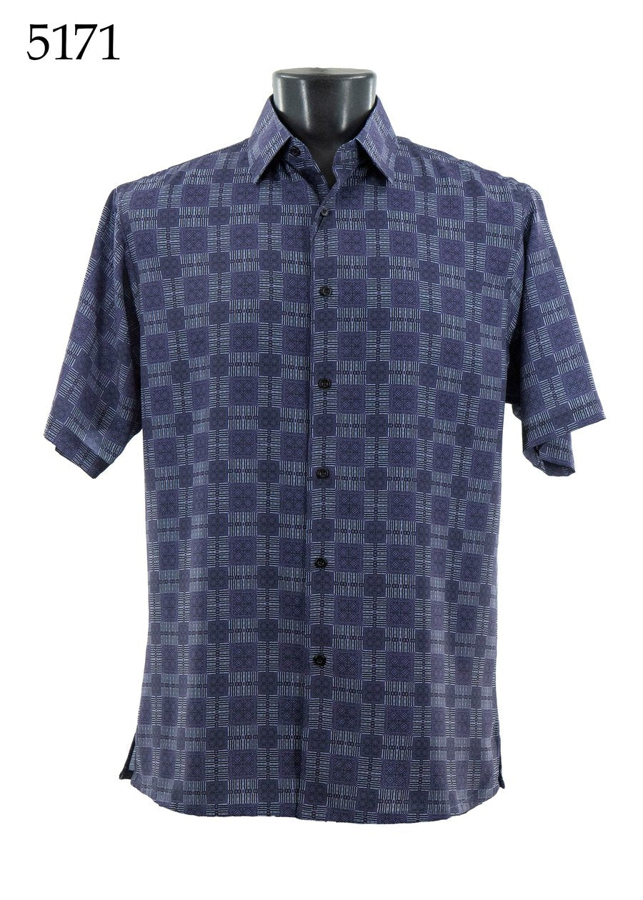 The Bassiri Short Sleeve Shirt 5171 by Bassiri features a regular fit and blue geometric check pattern, shown on a mannequin. The number 5171 appears in the top left corner.