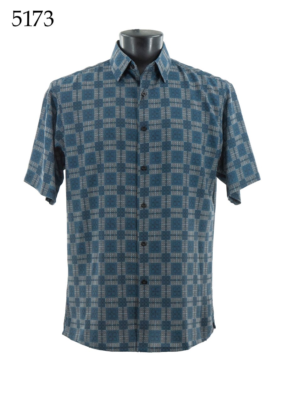 The Bassiri Short Sleeve Shirt 5173, a regular fit blue and gray checkered button-up, is shown on a black mannequin torso. Brand: Bassiri.